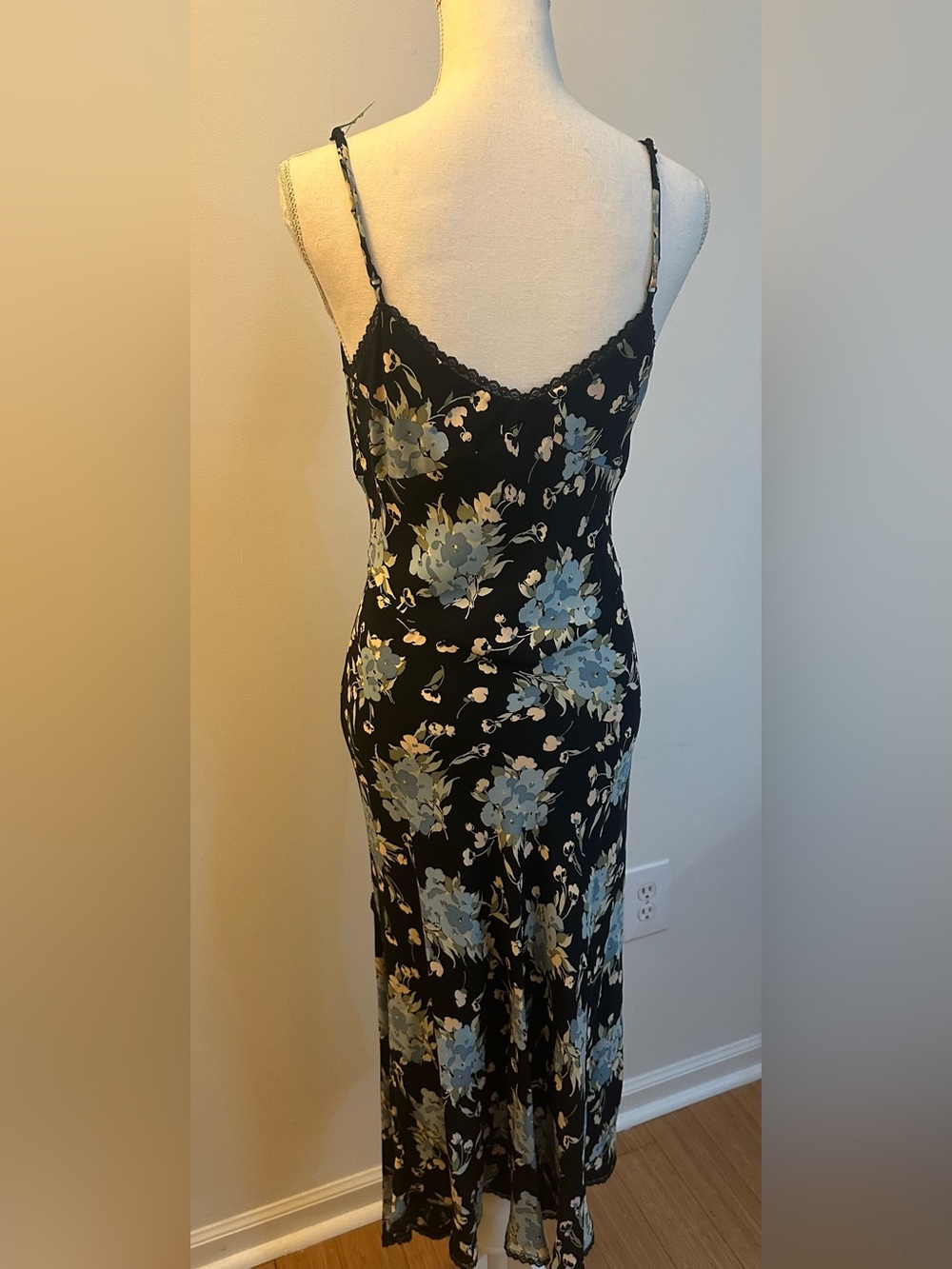 Betsey Johnson Black Slip Dress with Blue and Cream Floral Print - Picture 4 of 14